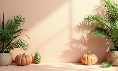 Still Life with Pumpkins, Gourd, and Palm Plants