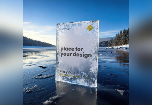 Page Poster Mockup in Piece of Ice on Frozen Lake Antartica