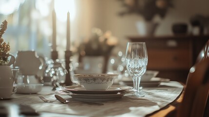 Elegant table setting with delicate china and soft light creating a warm and inviting ambiance