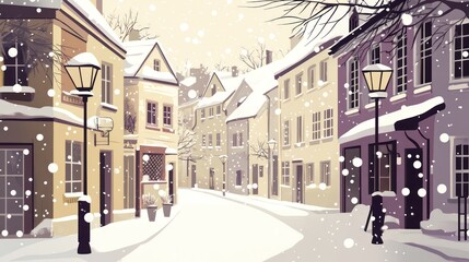 Fototapeta premium Snowy European street, winter scene, holiday card