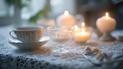 Soft light candles and tea cup on lace table a tranquil scene with delicate details and warm glow