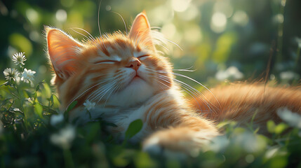 Blissful Cat Relaxing in a Sunlit Meadow