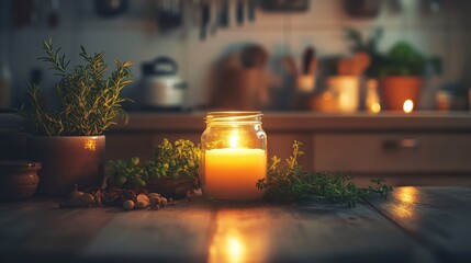 Warm candle light illuminating herbs and spices on a wooden table in a rustic kitchen