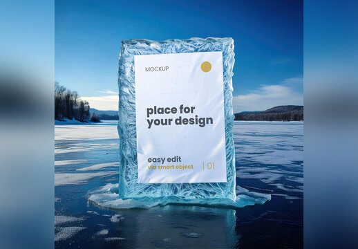 Page Poster Mockup in Piece of Ice on Frozen Lake