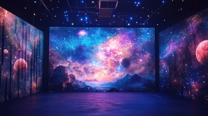 Obraz premium Immersive Space Display with Cosmic Scenery on Large Screens in Dark Room with Blue Floor