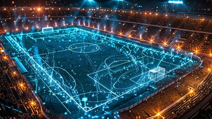 Illuminated soccer field at night with dynamic visual effects and vibrant spectator atmosphere - Powered by Adobe
