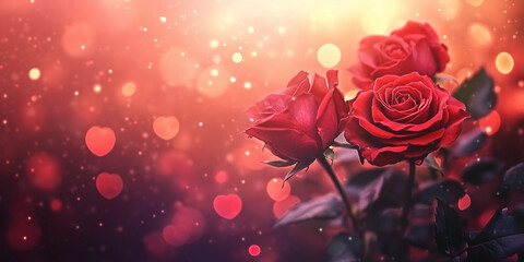 Perfect coral Roses on heard shaped bokeh. Copy space