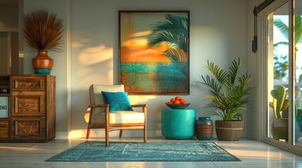 Cozy living room with tropical decor, featuring a painting, plants, and sunset light