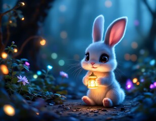 Adorable Bunny with Lantern: A Whimsical Night Garden Scene