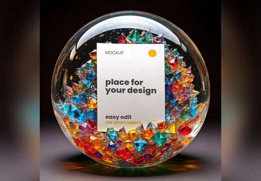 Page Poster Mockup inside Glass Cristal Ball with Colorful Diamonds