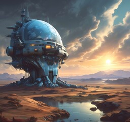 Illustration of fiction planet station in future.