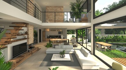 Fototapeta premium Modern interior of a spacious living room with open kitchen and greenery, bright sunlight streaming in