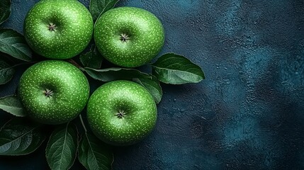 Green apples, leaves, dark background, food photography, recipe