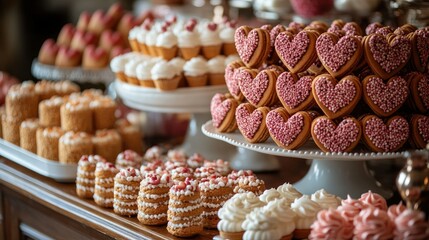 A dessert table with heart-shaped cookies and candies