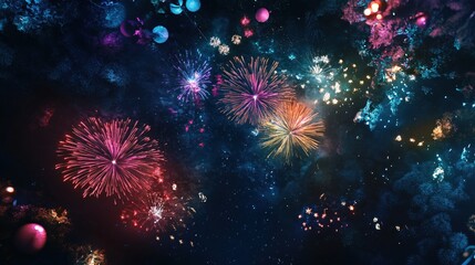 Festive night sky with colorful fireworks and glowing lights in a dark atmosphere