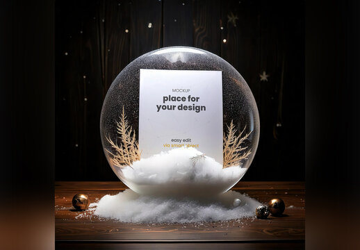 Page Poster Mockup inside Snowball Glass with snow and Plants