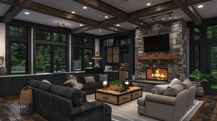 Cozy modern living room with a stone fireplace, large windows, and lush greenery outside
