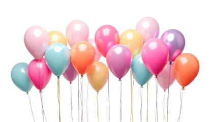 Colorful party balloons isolated on transparent background. Happy birthday concept
