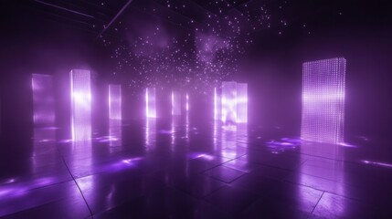 Futuristic purple led light installation in reflective space art concept