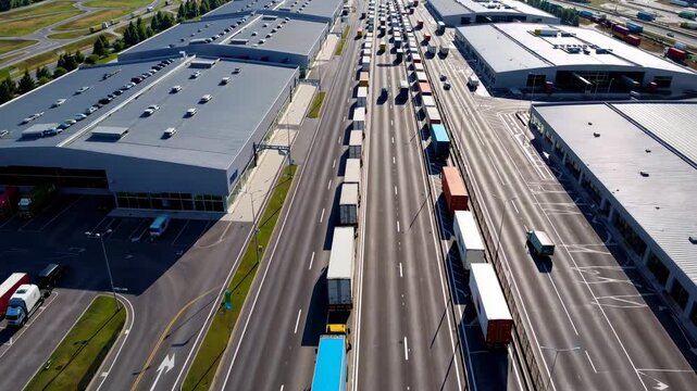 Traffic congestion and logistics operations observed at a busy transport hub during peak hours in an industrial area