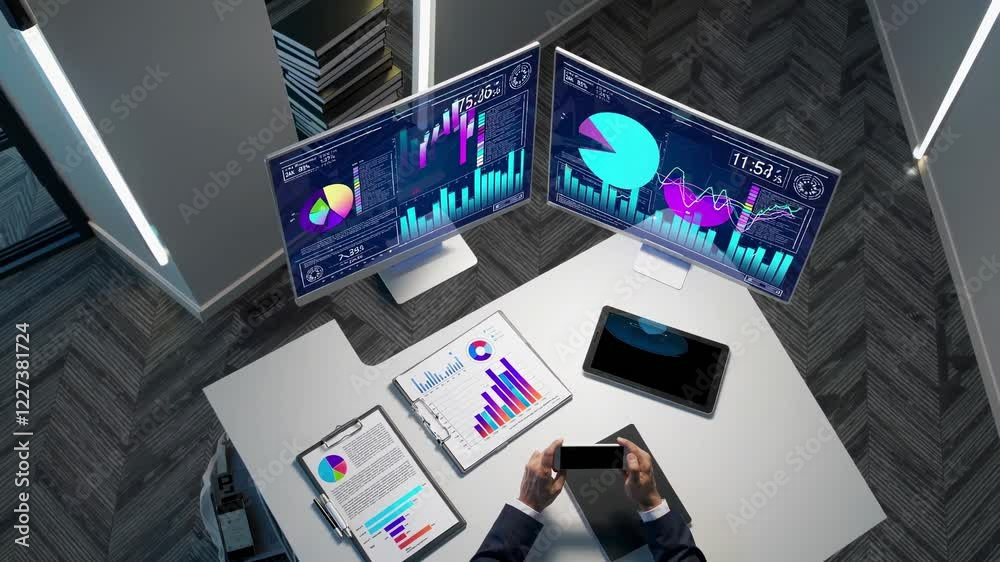 Poster data analysis and visualization in a modern workspace with multiple monitors and interactive charts