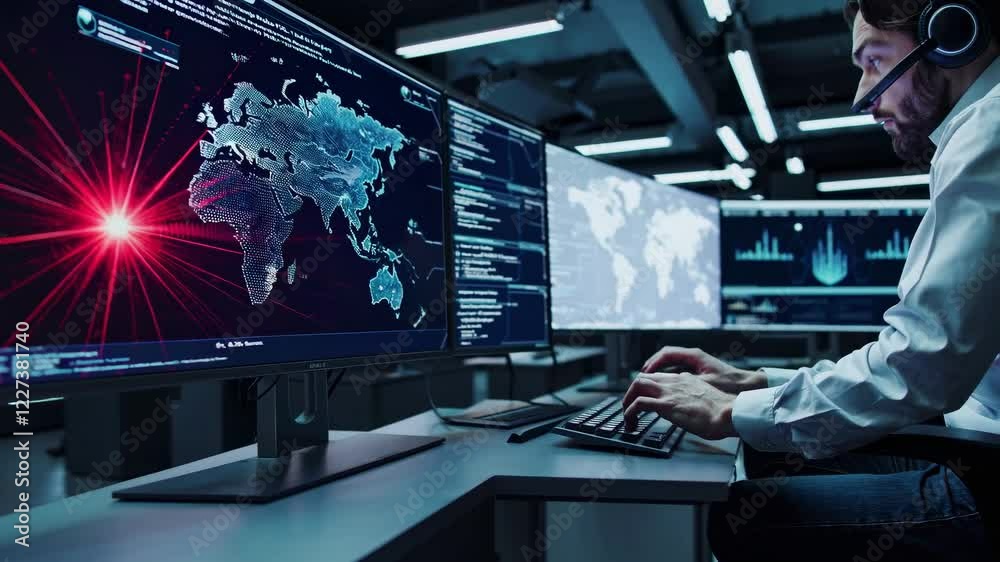 Poster monitoring global data activity in high-tech control room with multiple displays showcasing real-tim