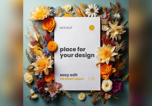 Page Poster Mockup Surrounded by Flowers
