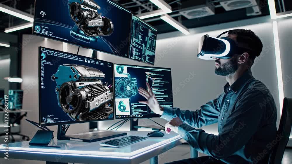Poster exploring virtual reality technology in a modern workspace with advanced computer systems