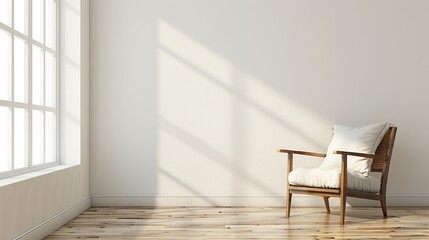 Cozy wooden chair with cushion in bright room, sunlight streaming through large window