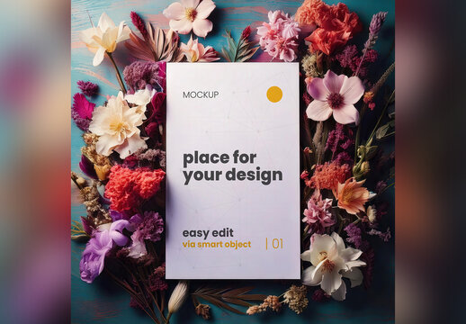Page Poster Mockup Surrounded with Plants and Flowers