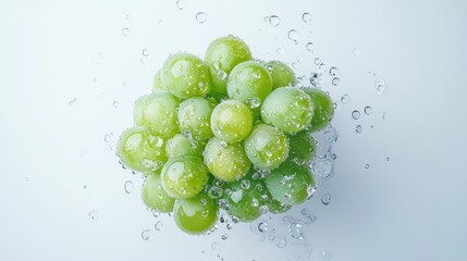 A high-quality image of a fresh green grape cluster, with dew droplets, isolated on a stark white background.