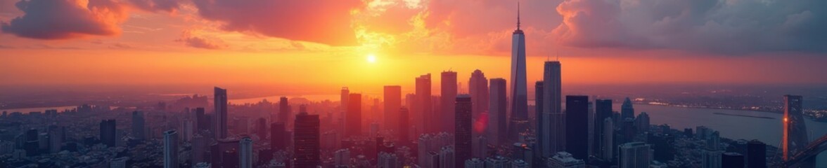 Fototapeta premium Silver skyscrapers panoramic view, luxury cityscape at sunset, elegant, architecture, photo