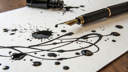 Fototapeta premium Black Ink Spill on White Paper with Fountain Pen and Artistic Design