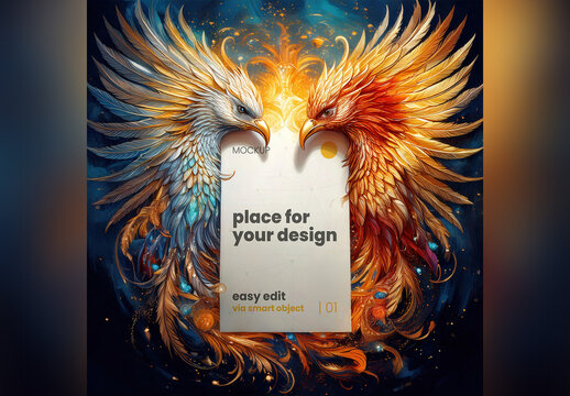 Page Poster Mockup with Two Mythical Fenix Birds on the Sides 02