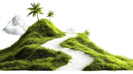 Winding path on grassy hill, palm trees, clouds; idyllic travel destination