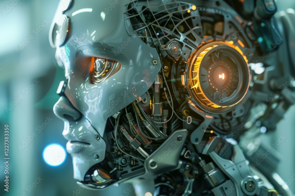 Poster close up of a futuristic android robot showing artificial intelligence processing power