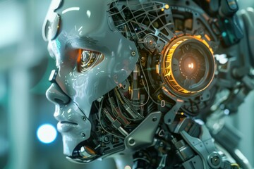 Close up of a futuristic android robot showing artificial intelligence processing power