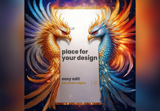 Page Poster Mockup with Two Mythical Fenix Birds on the Sides