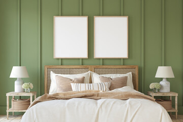 Bedroom in a nautical style. Frame mockup. 3d render.