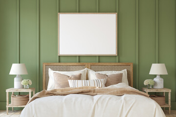 Bedroom in a nautical style. Frame mockup. 3d render.