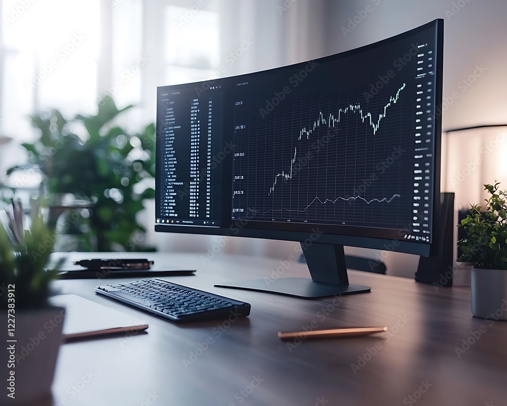 Poster a modern desktop setup featuring an ultrawide monitor in a sleek design.