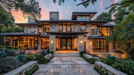Fototapeta premium Modern architectural home with large windows surrounded by lush greenery at sunset