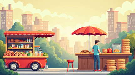 Street Food Market Illustration in Flat Style