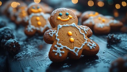 Gingerbread man on dark wood with festive lights