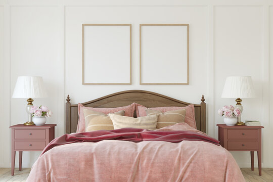 Interior of modern bedroom. Poster mockup. 3d render.