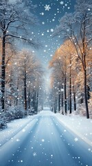 Obraz premium Snowy road through winter forest, snowfall; serene winter scene, ideal for calendars