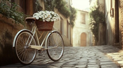 Vintage bicycle with white flowers in basket on cobblestone street with soft light and old buildings