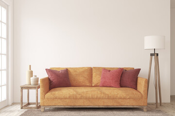 Beautiful living-room interior with bright orange sofa. 3d render.