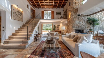 Obraz premium Cozy interior of a rustic living room featuring a stone fireplace, wooden beams, and natural light