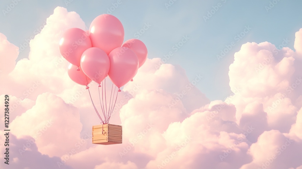 Poster A cluster of delicate pink balloons float serenely against a backdrop of soft, fluffy clouds and a radiant blue sky. This enchanting sight inspires imagination and happiness